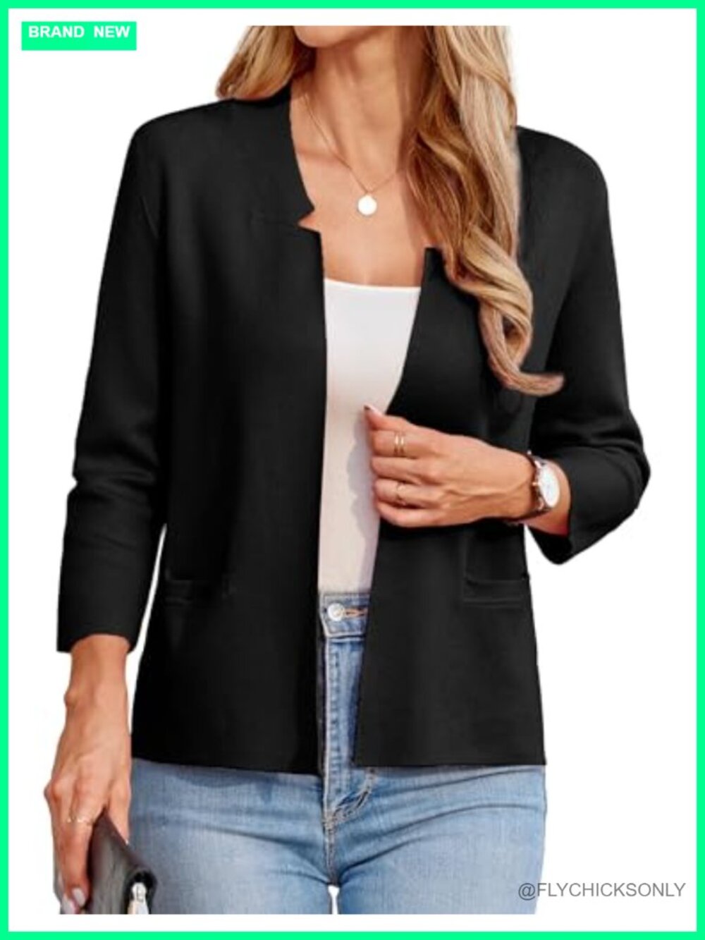 Knit Sweater Blazer for Women 3/4 Sleeve Business Casual Cropped Cardigan